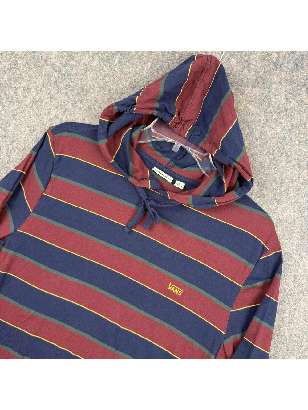 VANS Men’s Lightweight Hoodie Navy Burgundy Green Gold Stripe Size Small 011